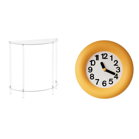 CoudarTitie Acrylic Accent Table for Small Space with Contemporary Round Wood Clock Silent Non Ticking Nightstand for Bathroom Living Room Decor