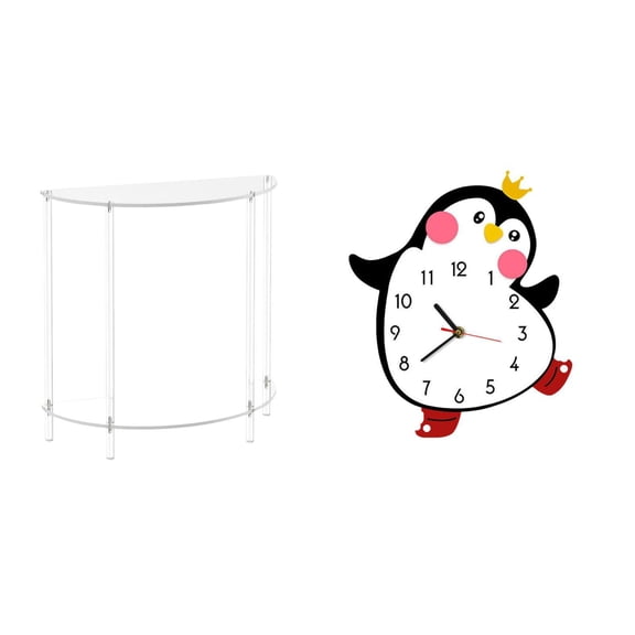 CoudarTitie Acrylic Penguin Accent Table with Wooden Clock Multifunctional Lovely Home Decor for Small Space Living Room Bedroom Nightstand