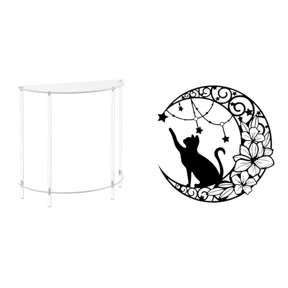 CoudarTitie Acrylic Side Table for Small Space with Metal Cat Wall Art Accent Two Tier End Table Nightstand for Bathroom Living Room Decor Cat Lover Gifts
