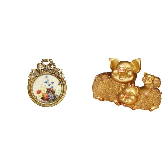 CoudarTitie Antique Lucky Photo Frame Pig Figurine Vintage Picture Frame Modern Collectible Animal Statue Round Ornate European Desktop Resin Sculpture Wall Display Frame for Wedding Gift