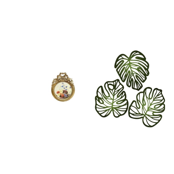 CoudarTitie Antique Palm Leaves Photo Frame Vintage Picture Frame Round 3x3 inch Ornate European Desktop and Wall Picture Display Frame Creative Wooden Ornament Tropical Wall Art Jungle Decor