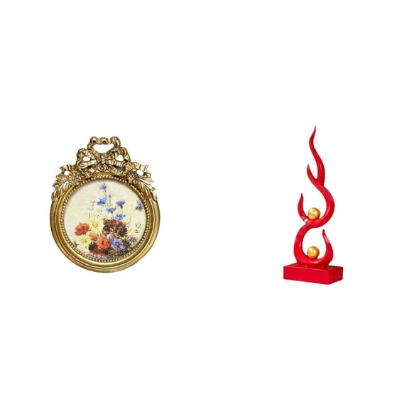 CoudarTitie Antique Photo Frame Vintage Picture Frame Round 3x3 inch Ornate European Desktop and Wall Picture Display Frame with Abstract Fire Statue Resin Flame Figurine Modern Sculpture Craft