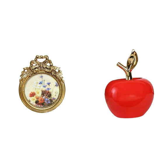 CoudarTitie Antique Photo Frame Vintage Picture Frame Round 3x3 inch Ornate European Desktop and Wall Picture Display Frame for Wedding Gift Ideas and Home Decoration Ceramic Figurine Fruit