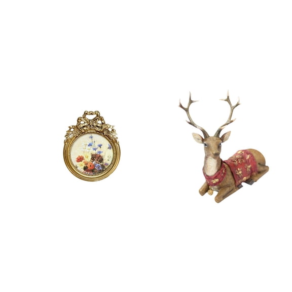 CoudarTitie Antique Reindeer Photo Frame Vintage Elk Picture Frame Round 3x3 inch Ornate European Desktop and Wall Display Frame Deer Sculpture for Wedding Gift Ideas Living Room Office Bedroom