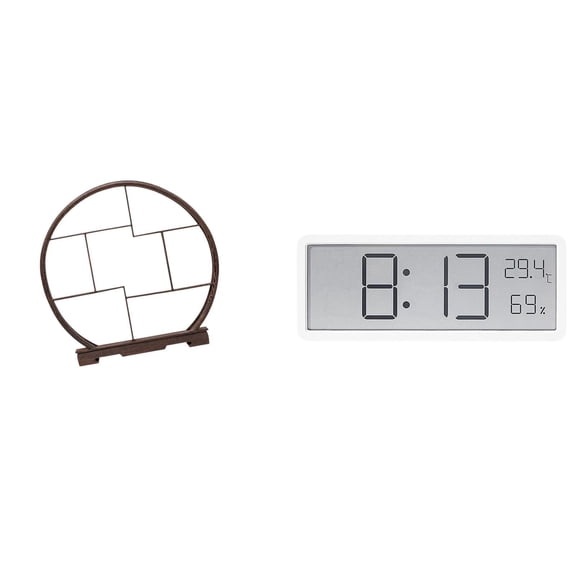 CoudarTitie Antique Wood Display Stand with Digital Clock Multipurpose Organizer for Home Office Decor Temperature Humidity Storage Shelf