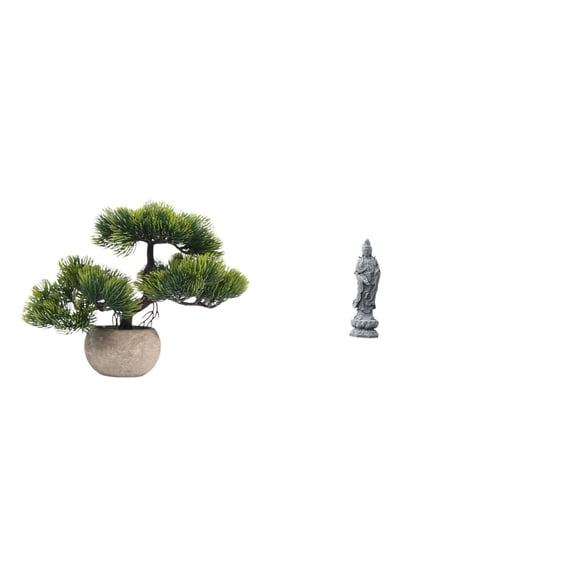 CoudarTitie Artificial Bonsai Tree Greenery Collection Faux Plant Pot Centerpieces Guan Yin Statue Ornament Traditional Gifts Kuanyin Figurine Buddha Sculpture