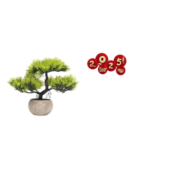 CoudarTitie Artificial Bonsai Tree Greenery Collection with Faux Plant Pot and Chinese New Year Paper Fan Decorations for Spring Festival Table Centerpieces and Wall Door Celebration