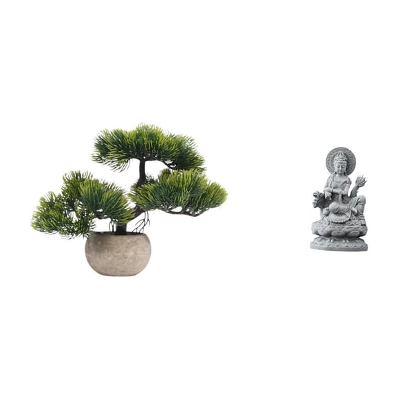 CoudarTitie Artificial Bonsai Tree Greenery Collection Faux Plant Pot Table Centerpieces Guan Yin Statue Kuanyin Figurine Feng Shui Female Buddha Sculpture Chinese Indoor Hallway