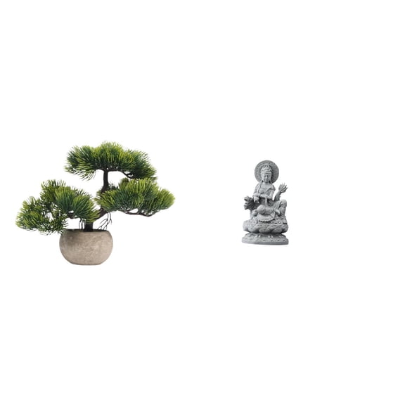 CoudarTitie Artificial Bonsai Tree Greenery Collection Faux Plant Pot Table Centerpieces Guan Yin Statue Kuanyin Figurine Feng Shui Female Buddha Sculpture Chinese Indoor Hallway