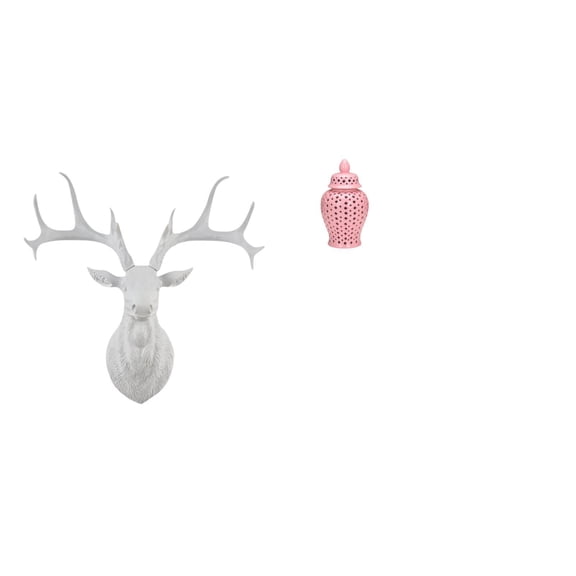 CoudarTitie Boho Resin Deer Head Sculpture and Ceramic Ginger Jar Porcelain Vase Collectible Wall Mount Decor for Office Home Floral Arrangement Ornament Display