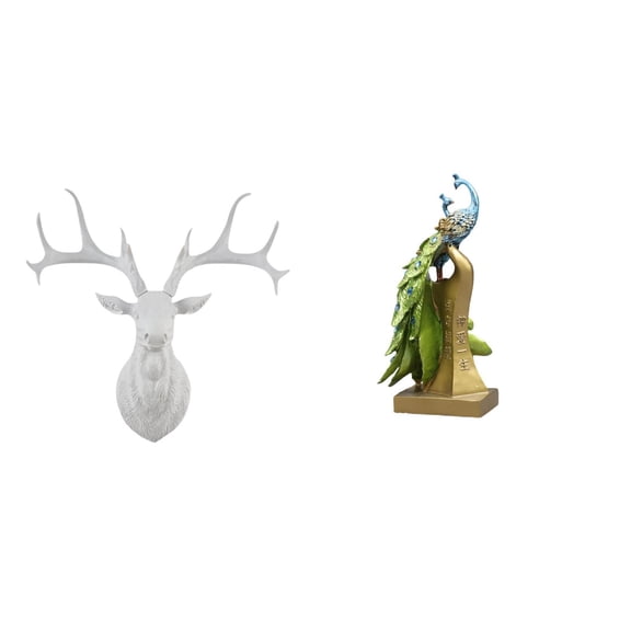 CoudarTitie Boho Resin Deer Head Sculpture and Peacock Statue Animal Figurine Collectible Artwork for Office Home Desk Entrance Table Centerpiece Decor Gift