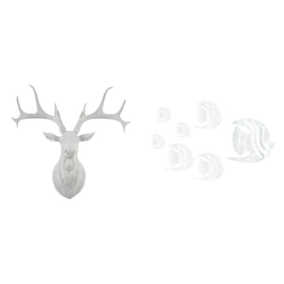 CoudarTitie Boho Resin Deer Head Sculpture and Acrylic Mirror Fish Wall Decals Collectible Artwork for Office Home Sofa TV Background Decor