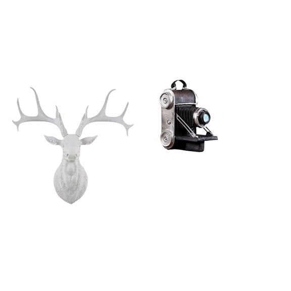 CoudarTitie Boho Resin Deer Head Sculpture and Camera Statue Model Unique Wall Mount Artwork for Office Home Bar Family Cabinets Decor Collectible