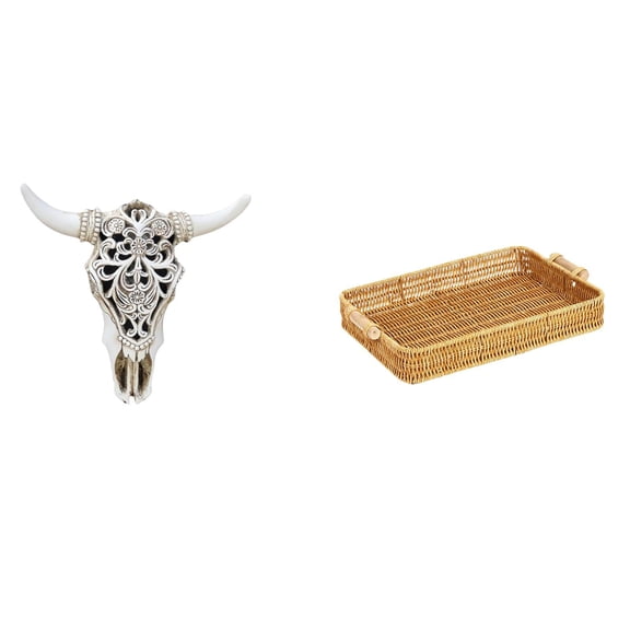 CoudarTitie Bull Head Wall Sculpture Resin Cow Head Wall Decor Statue Pattern Ornament Woven Kitchen Storage Basket with Handles Handmade for Living Room Suitable