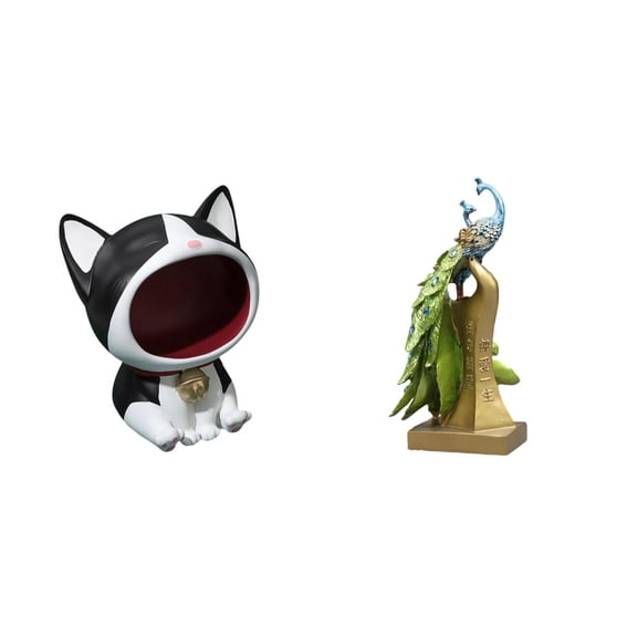 CoudarTitie Cat Peacock Statue Art Craft Ornament Animal Sculpture Decorative Figurine for Table Centerpiece Desk Entrance Bedroom Living Room Office Birthday Gift Key Bowl Candy Bowl