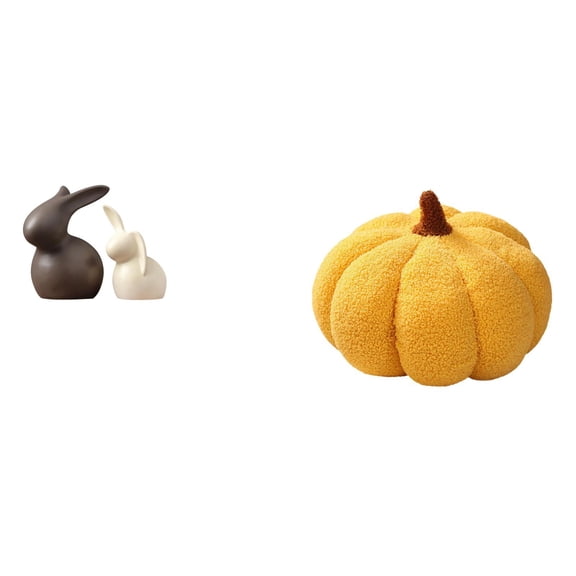 CoudarTitie Ceramic Bunny Statue and Halloween Pumpkin Pillow Set Porcelain Easter Garden Decor Plush Sofa Cushion for Bedroom Cabinet