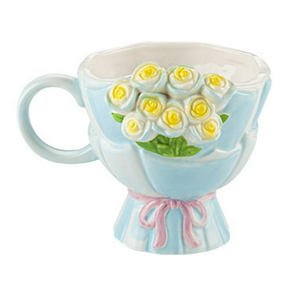 CoudarTitie Ceramic Coffe Mug Flower Mug 360 ml Artistic Cute Handmade Teacup for Cappuccino Blue