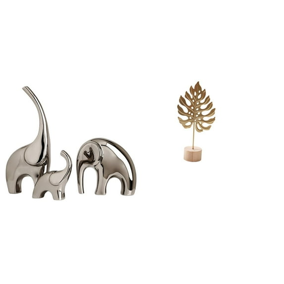 CoudarTitie Ceramic Elephant Family Figurines and Metal Leaf Shaped Sculpture Ornaments Creative Animal and Nature Abstract Collectible Statues for Home Decor Shelf Table