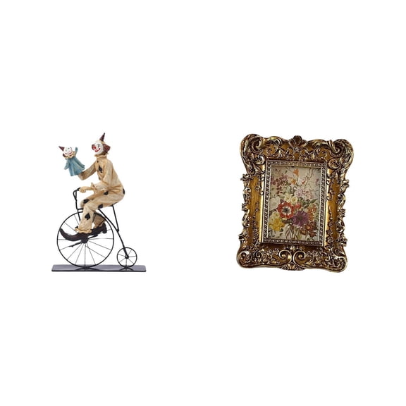 CoudarTitie Clown Figurine Sculpture Collection with Hand Carved Floral Photo Frame Tabletop Centerpiece Cabinet Dining Room Office Dorm Home Decor Gift