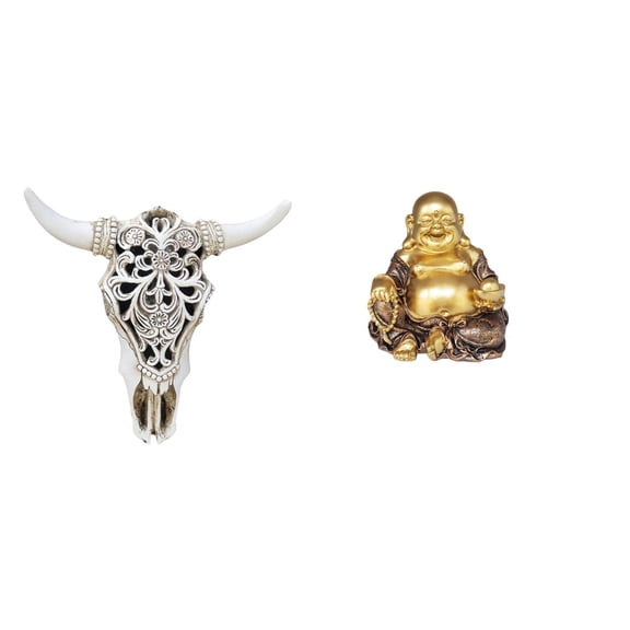CoudarTitie Cow Head Wall Decor Sculpture Ornament Tribal Bull Head Art with Maitreya Buddha Feng Shui Tabletop Laughing Buddha Statue for Office Farmhouse Bedroom Anniversary Party