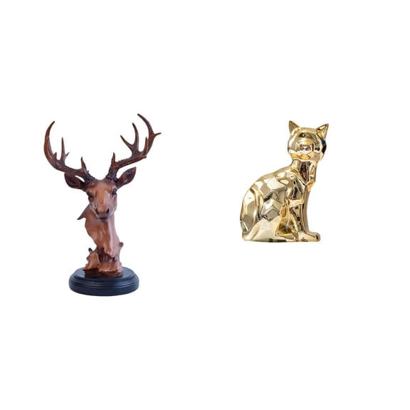 CoudarTitie Deer Cat Head Ornament Figurine Animal Craft Sculpture Statue Home Decor Decorative Adornment Resin Art for NightStand Desktop Fireplace