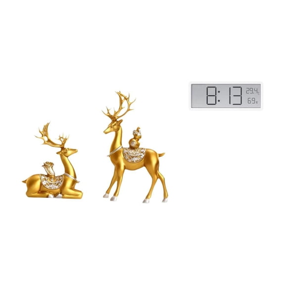 CoudarTitie Deer Figurines Reindeer Sculptures Elk Collectible Desktop Ornaments Decorative Statues with Large Display Temperature Humidity for Shelf Desk Birthda