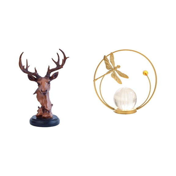CoudarTitie Deer Head Crystal Ball Ornament Figurine Craft Animal Resin Metal Statue Decorative Adornment for NightStand Desktop Hallway Fireplace Bedroom Living Room Office