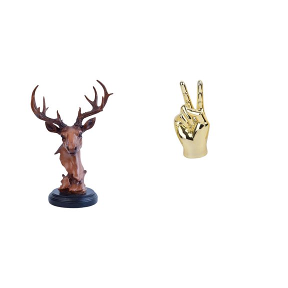 CoudarTitie Deer Head Figurine Animal Statue Resin Craft for NightStand Desktop with Hand Finger Gesture Sculpture Creative Home Living Room Cabinet Shelf Decoration
