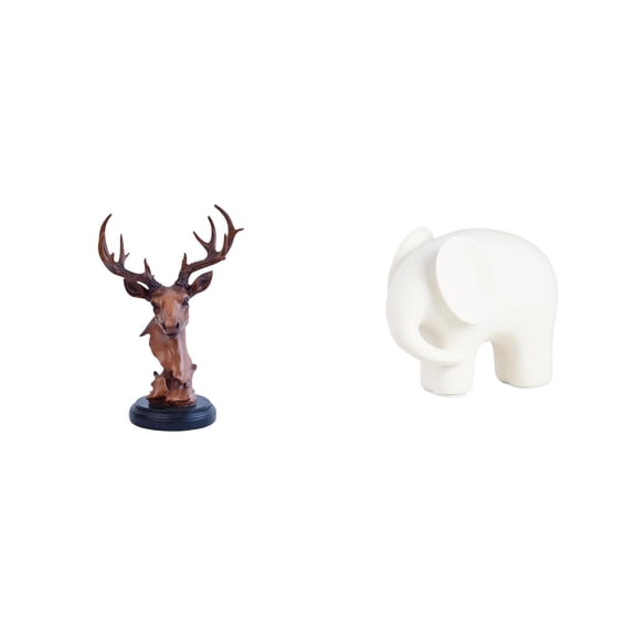 CoudarTitie Deer Head Ornament Ceramic Elephant Statue Animal Figurine Craft Sculpture Collection Decorative Adornment Resin Figure with Nonslip Pads for NightStand Desktop Bookshelf Tabletop