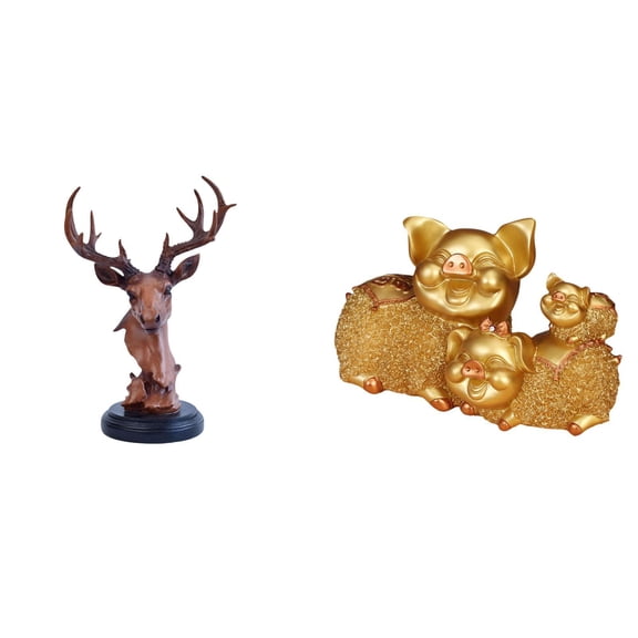 CoudarTitie Deer Pig Head Ornament Figurine Craft Animal Statue Home Decor Decorative Adornment Resin Sculpture for NightStand Desktop Bookshelf Entrance Shelf Centerpiece