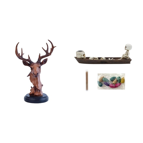 CoudarTitie Deer Skull Head Ship Ornament Figurine Craft Animal Statue Home Decor Halloween Sculpture Resin Incense Burner Decorative Adornment for Nightstand Desktop Cabinet Bedroom Table