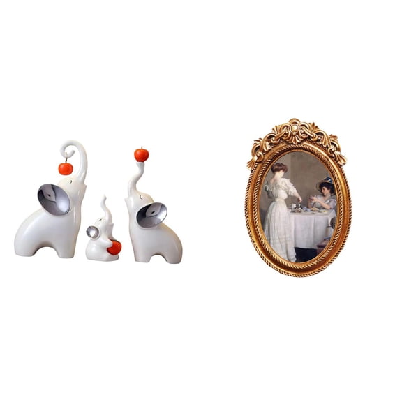 CoudarTitie Elegant Elephant Family Sculpture and Ornate Resin Photo Frame Set for Decorative Tabletop Display in Living Room Bedroom and Office Spaces