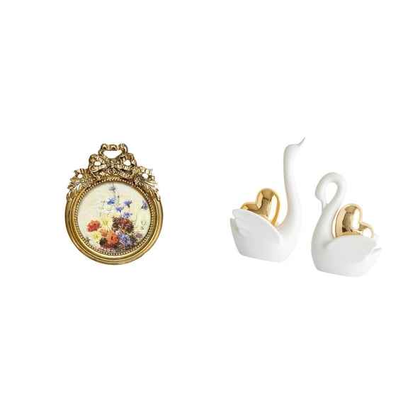 CoudarTitie Elegant European Ornate Photo Frame and Swan Figurines Set for Wedding Gift and Home Decor Vintage Round Picture Display