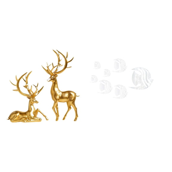 CoudarTitie Elegant Resin Deer Figurines and Acrylic Mirror Fish Wall Decals Decorative Sculptures for Living Room Countertop and TV Background Decor