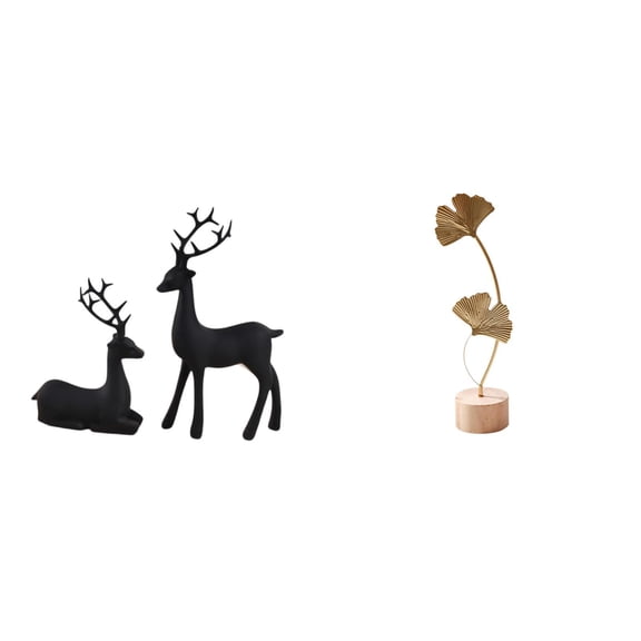 CoudarTitie Elegant Resin Reindeer and Metal Leaf Sculpture Set Creative Nordic Animal and Nature Figurine Ornament for Living Room Tabletop Decor