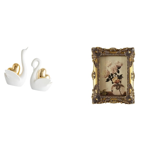 CoudarTitie Elegant Swan Couple Figurines and Vintage Ornate Photo Frame Decorative Tabletop Art Crafts for Bookshelf Entrance Hallway Wedding Display