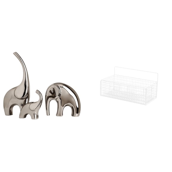 CoudarTitie Family Elephants Ceramic Figurines and Metal Wall Hanging Baskets Floating Shelves Animal Sculpture Collectible Organizer for Home Kitchen Bathroom Living Room