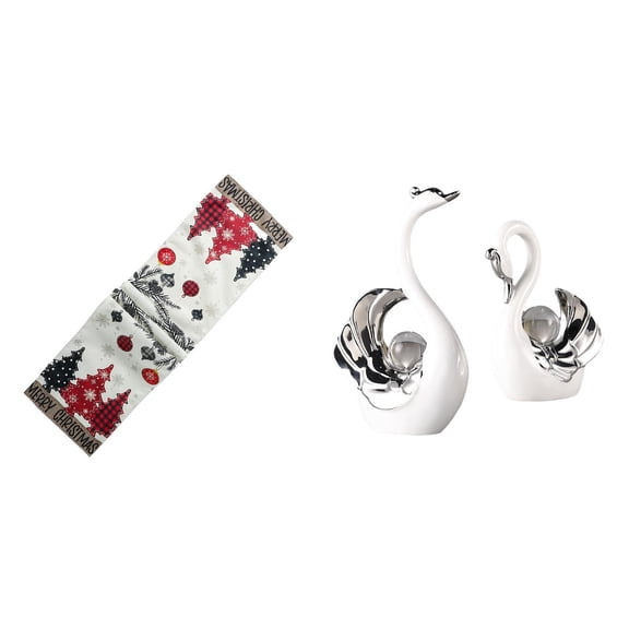 CoudarTitie Festive Swan Table Runner and Figurine Set for Seasonal Winter Holiday Decor Reusable Xmas Tree Tablecloth Centerpiece Cabinet Shelf Gift