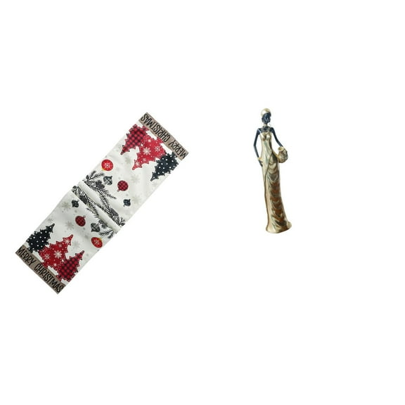 CoudarTitie Festive Winter Table Decor with Reusable Christmas Tree Tablecloth and Vintage African Tribal Lady Sculpture Ornament for Cabinet Desk Bedroom Holiday Housewarming Gift