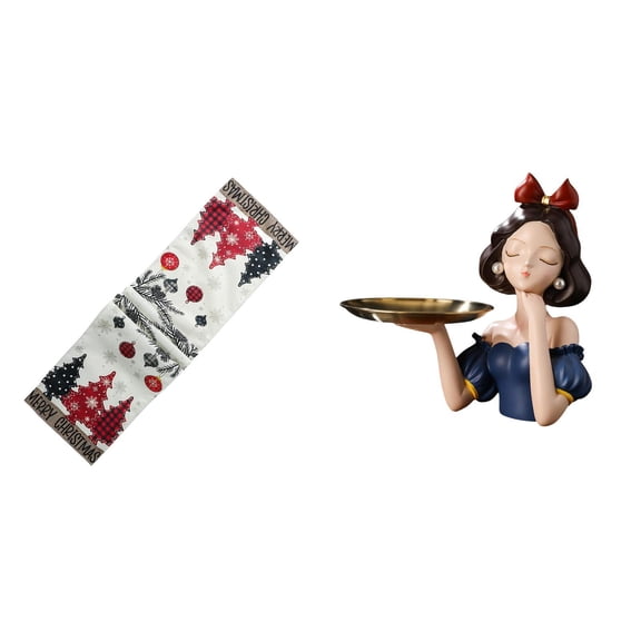 CoudarTitie Festive Winter Table Runner and Modern Resin Princess Statue Key Holder Tray for Holiday Coffee Table and Living Room Decor Storage