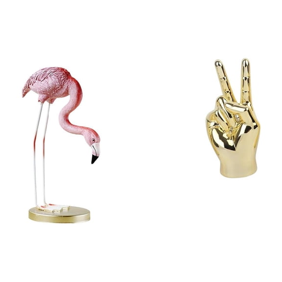 CoudarTitie Flamingo Bird Resin Statue Sculpture Modern Art Garden Figurine with Metal Stand for Home Decor And Creative Hand Finger Gesture Desk Shelf Decoration
