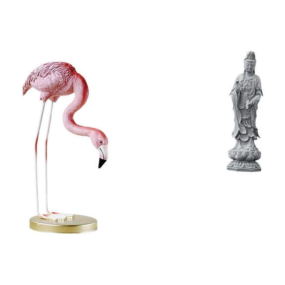 CoudarTitie Flamingo Resin Bird Sculpture Modern Art Figurine with Metal Stand for Garden Pond Flowerbed And Guan Yin Stone Ornament Feng Shui Collection Chinese