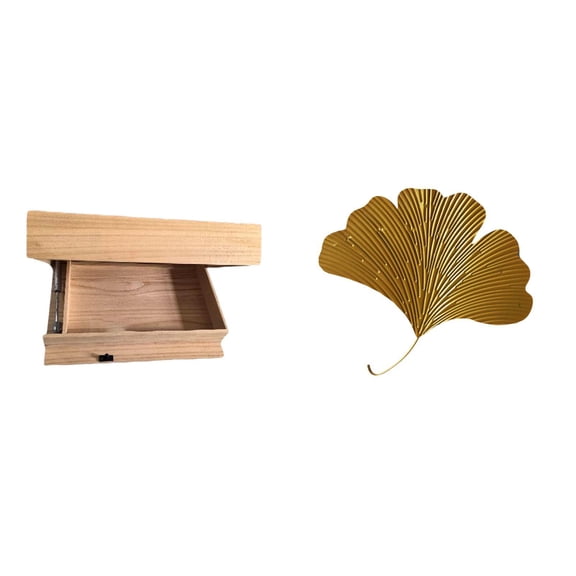 CoudarTitie Floating Shelf Wall Mounted Drawer with Compartment and Wrought Iron Ginkgo Leaves Abstract Wall Decor Sculpture for Home Office Apartment Dining Room