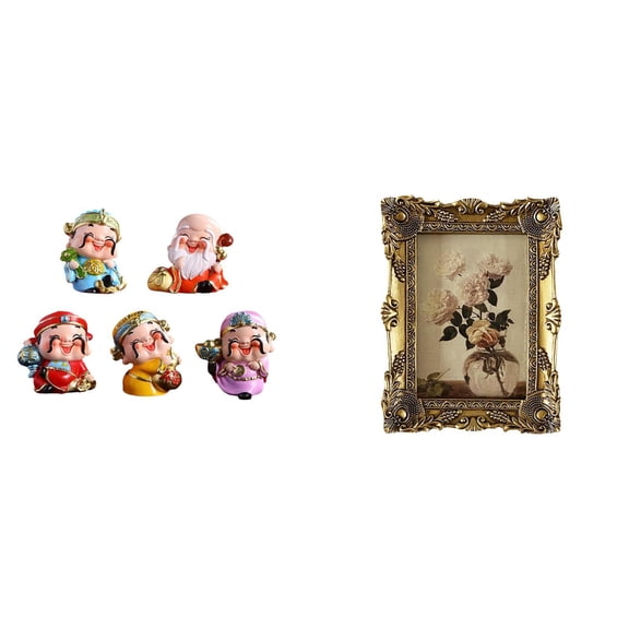 CoudarTitie Fortune God Resin Figurines and Ornate Vintage Photo Frame Decorative Tabletop Sculpture for Bedroom Hallway Wedding Party Decor Display