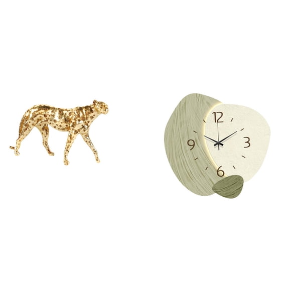 CoudarTitie Golden Cheetah Sculpture Centerpiece and Silent Cartoon Wall Clock Decorative Ornament for Office Home Kitchen Tabletop Room Decor