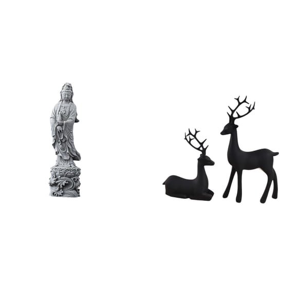 CoudarTitie Guan Yin Black Deer Statue Stone Resin Ornament Collectible Feng Shui Buddhist Reindeer Figurine Friend Gift Tabletop Decoration for Indoor Hallway Bedroom Fireplace Living Room