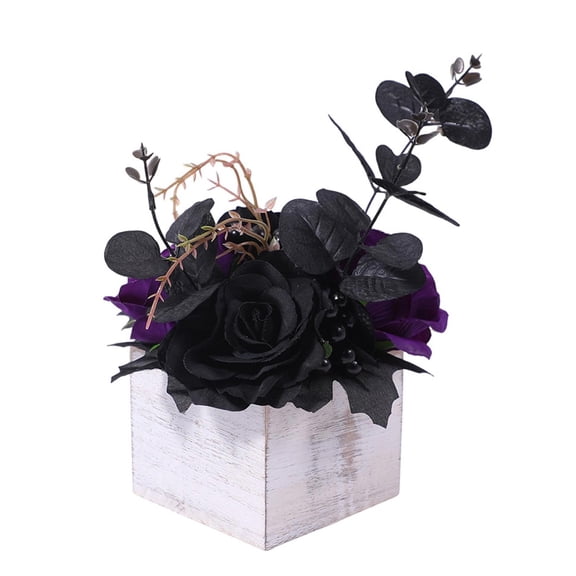 CoudarTitie Halloween Artificial Flowers Boxed Faux Flowers in Wooden Box Decorative Flowers Dark violet