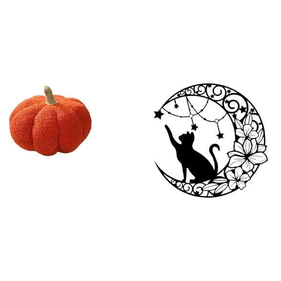 CoudarTitie Halloween Pumpkin Plush Cushion and Black Cat Metal Moon Wall Art Decorative Sofa Pillow Sculpture for Bedroom Room Decor and Cat Lover Gifts