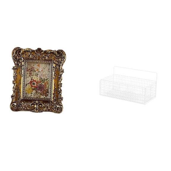 CoudarTitie Hand Carved Floral Photo Frame Picture Holder Tabletop Wall Mounted Antique Organizer Wire Storage Basket for Office Dorm Home Decor Wedding Gift Kitchen Bathroom Countertop Living