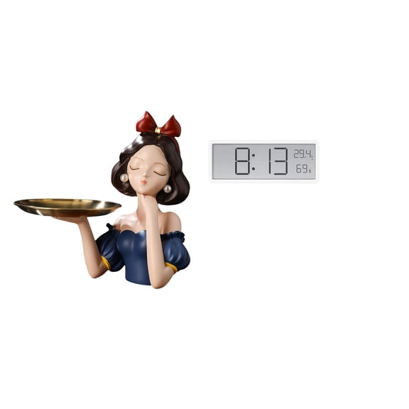 CoudarTitie Key Holder Tray Princess Statue Resin Girl Figurine Candy Key Storage Tray Digital Wall Clock Multifunctional Desktop Clock Large Display Premium Mate